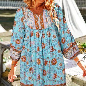 Temofon | Loose casual Boho Dress Lt. Blue Size L NWT